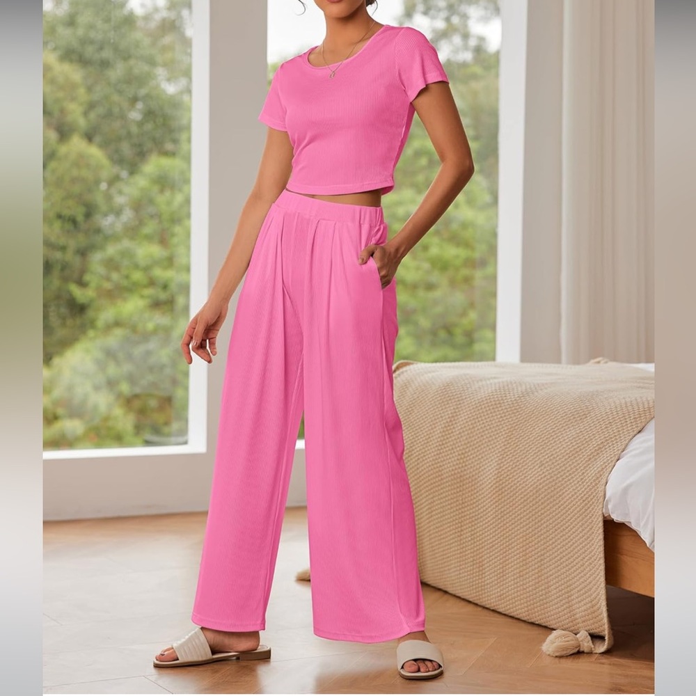 Amazon Pink Ribbed Matching Lounge Set New w/ Tags